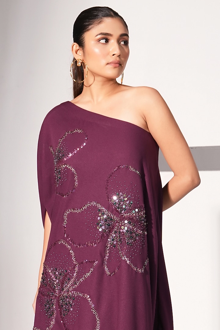 Plum Poly Crepe Floral Embroidered Asymmetrical One-Shoulder Vacation Dress by Nayantara Couture at Pernia's Pop Up Shop
