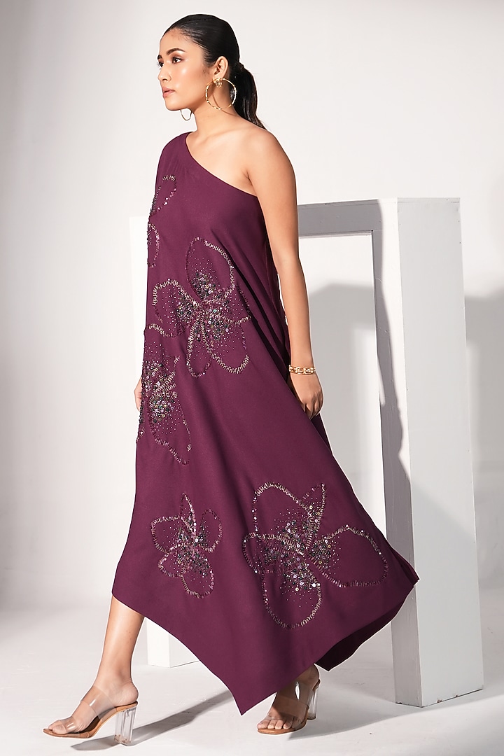 Plum Poly Crepe Floral Embroidered Asymmetrical One-Shoulder Vacation Dress by Nayantara Couture at Pernia's Pop Up Shop