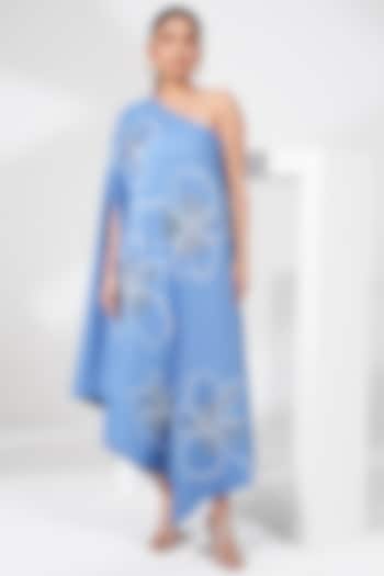 Dusty Blue Poly Crepe Floral Embroidered Asymmetrical One-Shoulder Dress by Nayantara Couture