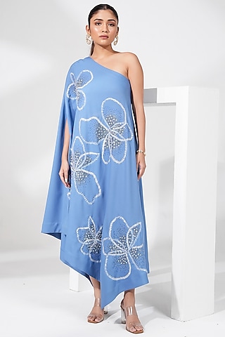 Dusty Blue Poly Crepe Floral Embroidered Asymmetrical One-Shoulder Dress by Nayantara Couture