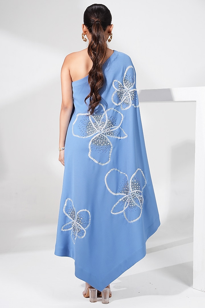 Dusty Blue Poly Crepe Floral Embroidered Asymmetrical One-Shoulder Vacation Dress by Nayantara Couture at Pernia's Pop Up Shop