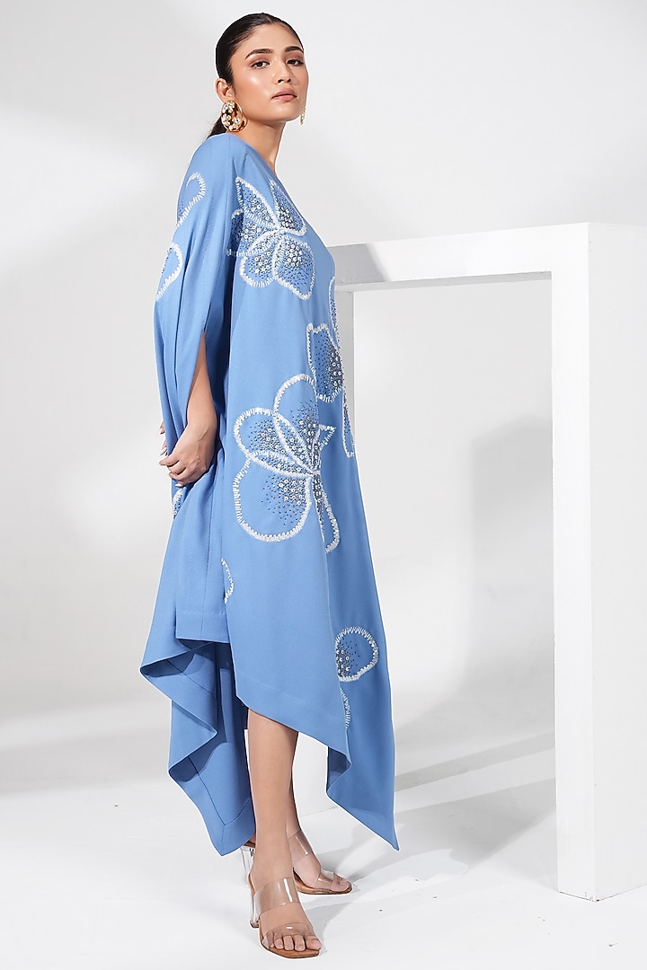 Dusty Blue Poly Crepe Floral Embroidered Asymmetrical One-Shoulder Vacation Dress by Nayantara Couture at Pernia's Pop Up Shop