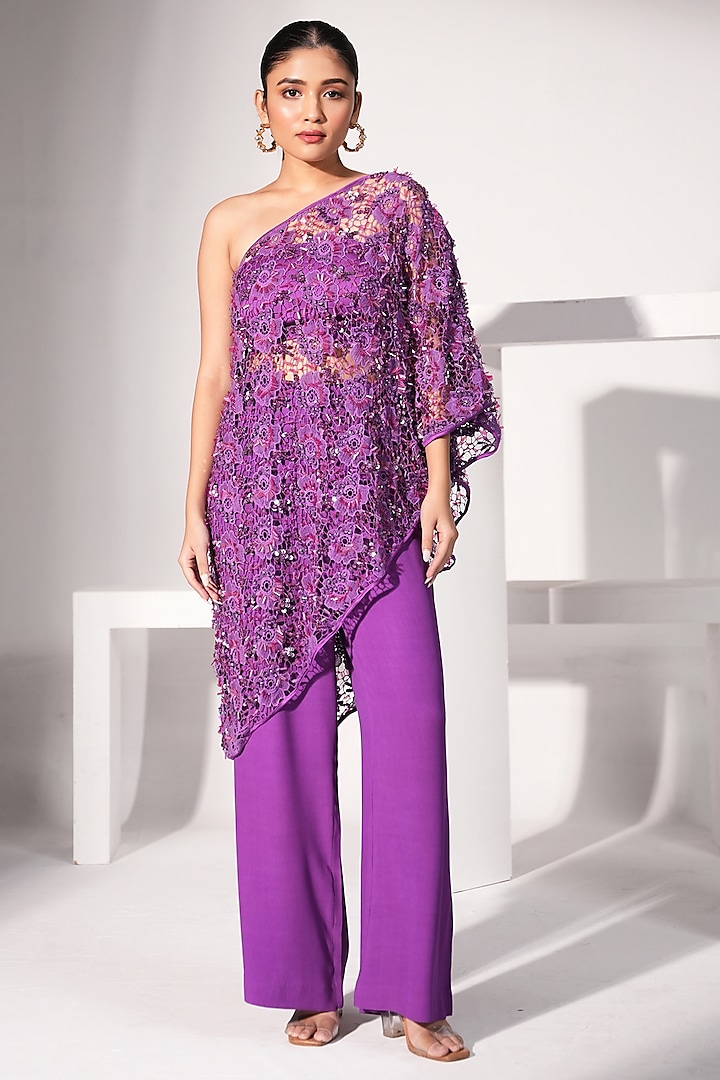 Purple Cotton Embellished One-Shoulder Co-Ord Set by Nayantara Couture