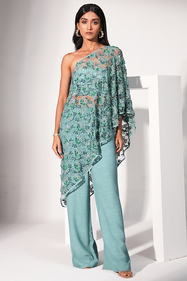 Sage Green Cotton Embellished One-Shoulder Co-Ord Set by Nayantara Couture at Pernia's Pop Up Shop