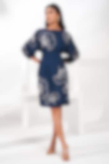 Navy Blue Viscose Satin Organza Floral Embroidered Knee-Length Dress by Nayantara Couture