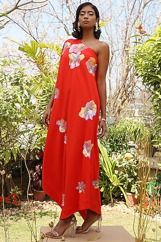 Red One Shoulder Dress With Sequins Work by Nayantara Couture