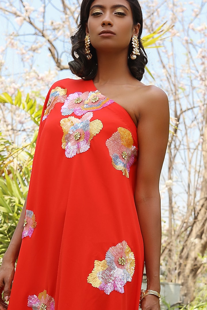 Red One Shoulder Dress With Sequins Work by Nayantara Couture at Pernia's Pop Up Shop