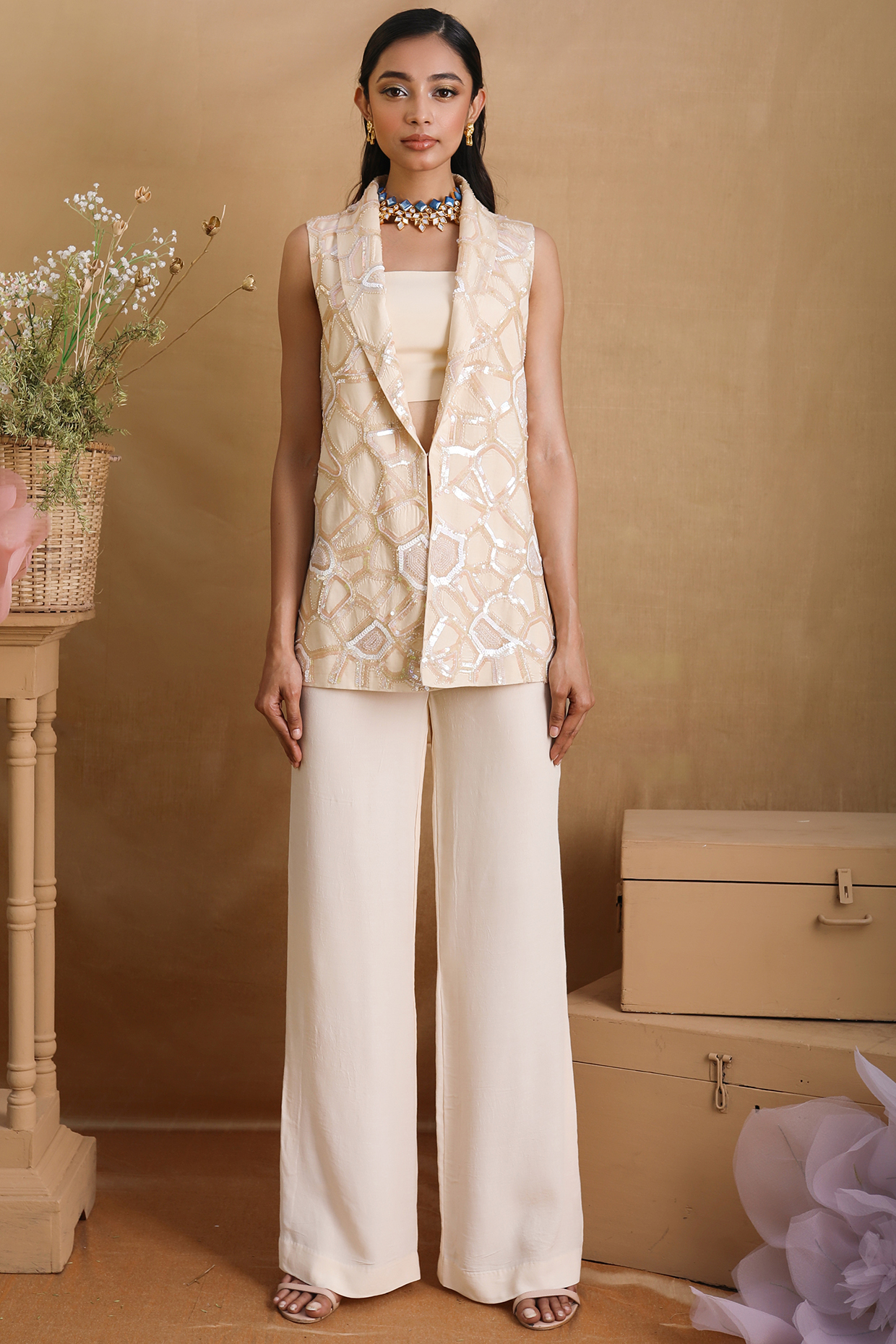Beige Embellished Pant Set by Nayantara Couture at Pernia's Pop Up Shop