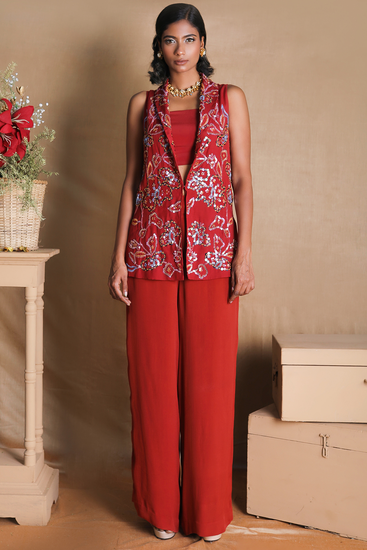 Red Embellished Pant Set by Nayantara Couture at Pernia's Pop Up Shop
