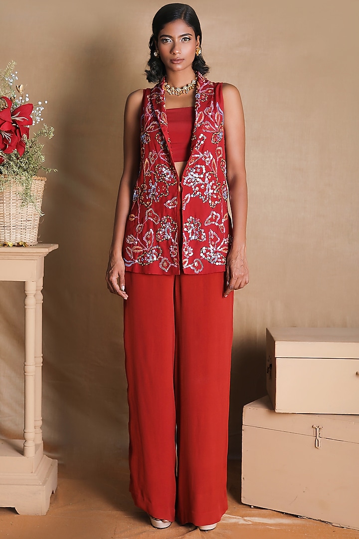Red Embellished Pant Set by Nayantara Couture at Pernia's Pop Up Shop