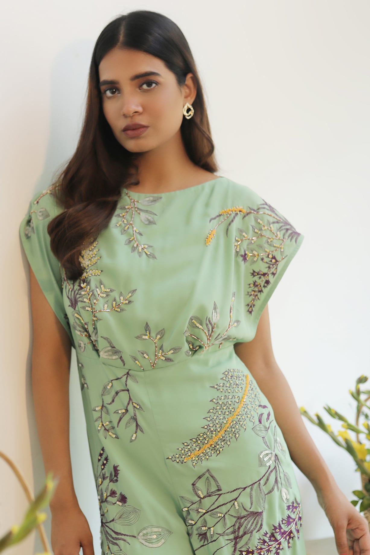 Pastel Green Embroidered Jumpsuit Design by Nayantara Couture at