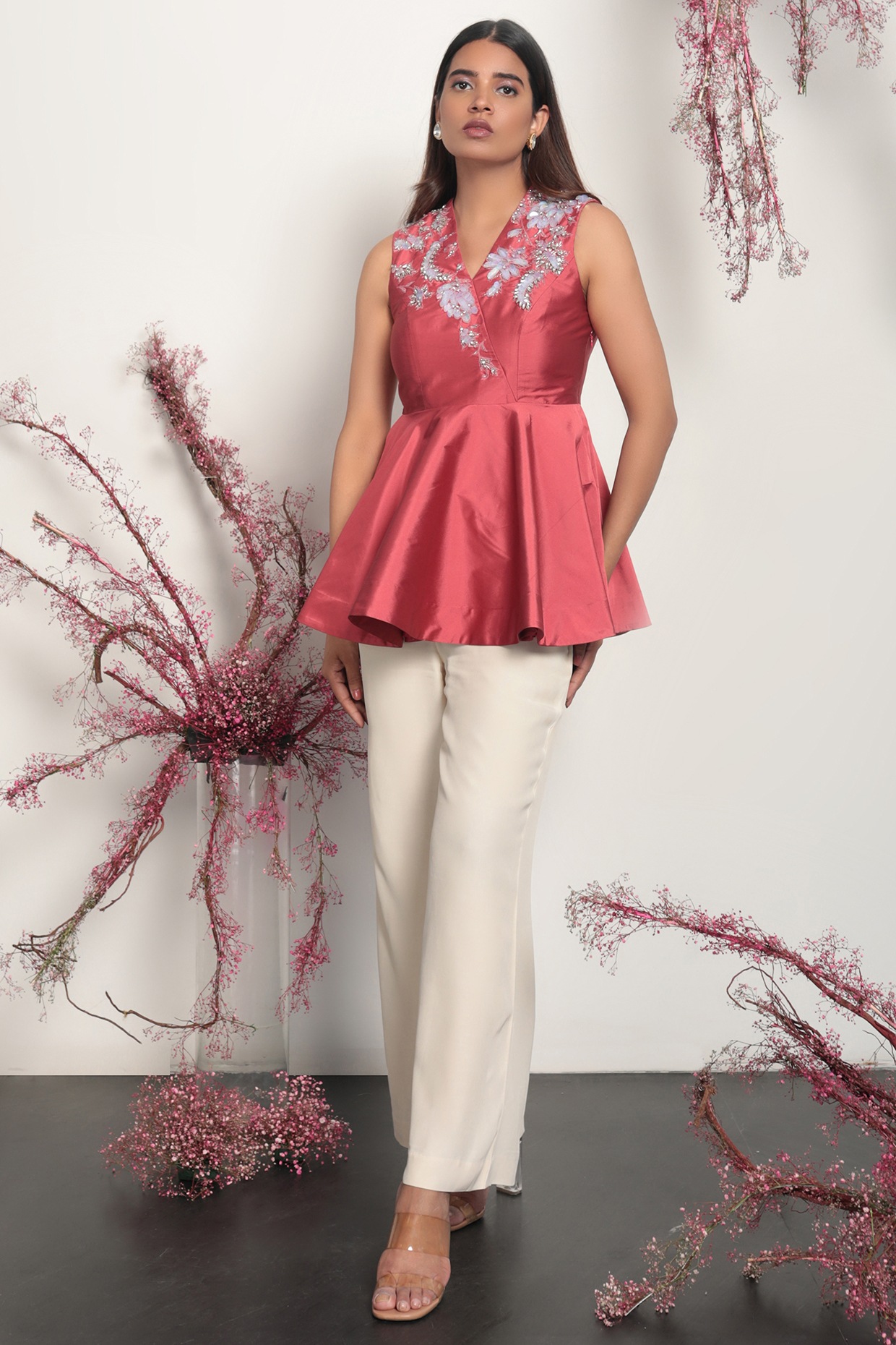 Ruby Pink Embellished Peplum Top by Nayantara Couture at Pernia s Pop Up Shop 2024