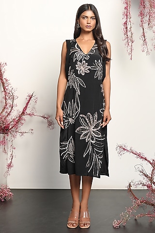 Black Viscose Crepe Embellished Dress by Nayantara Couture
