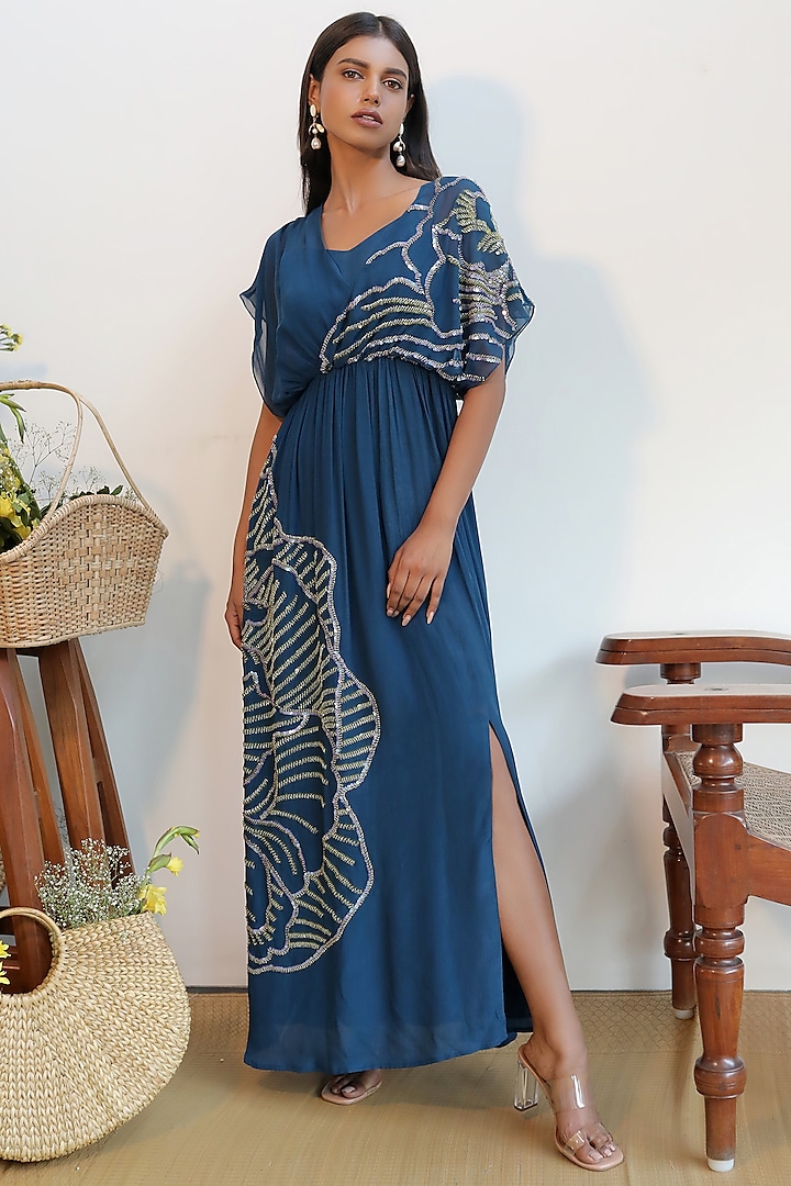 Navy Blue Crepe Embellished Maxi Dress by Nayantara Couture