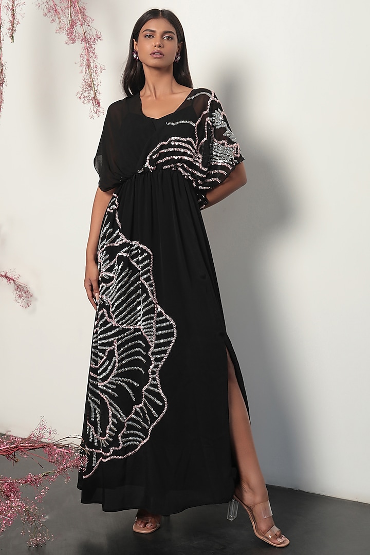 Black Crepe Embellished Maxi Vacation Dress by Nayantara Couture at Pernia's Pop Up Shop
