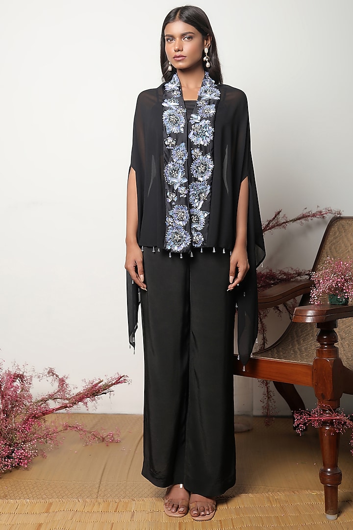 Black Viscose Crepe Pant Set by Nayantara Couture