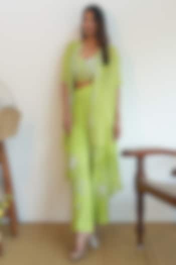 Lime Green Viscose Georgette Cape Set by Nayantara Couture