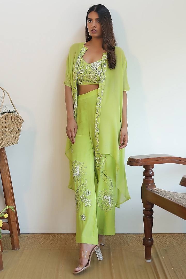 Lime Green Viscose Georgette Cape Set by Nayantara Couture