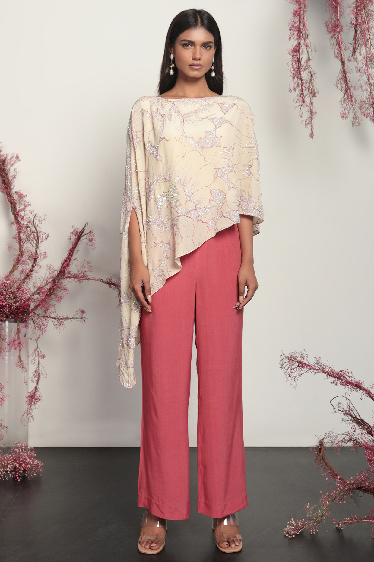 Pink Viscose Crepe Pant Set by Nayantara Couture