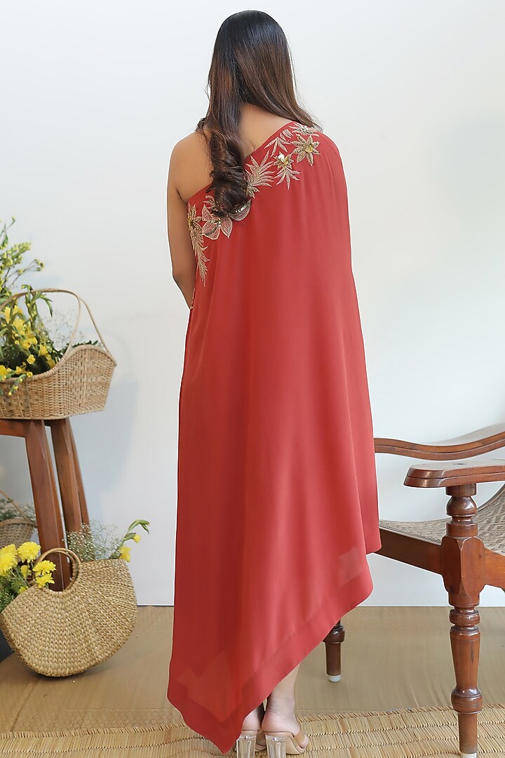 Rust Embroidered One-Shoulder Vacation Dress by Nayantara Couture at Pernia's Pop Up Shop