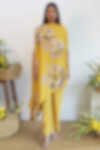 Mustard Embroidered Asymmetrical Kurta Set by Nayantara Couture