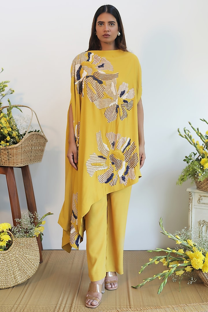 Mustard Embroidered Asymmetrical Kurta Set by Nayantara Couture