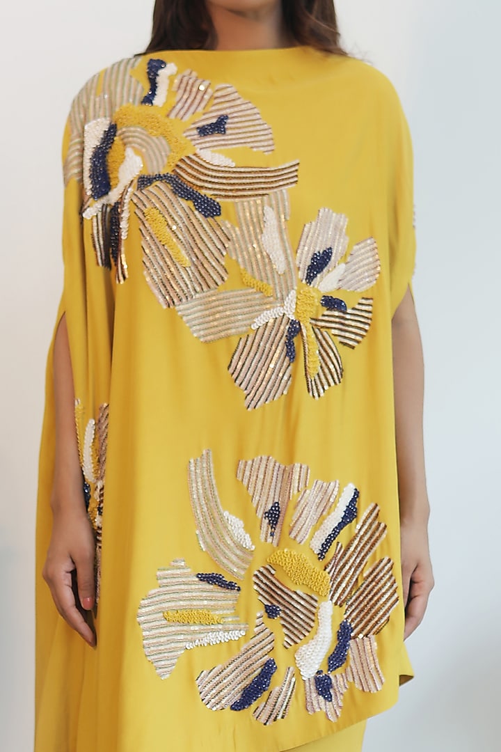 Mustard Embroidered Asymmetrical Kurta Set by Nayantara Couture at Pernia's Pop Up Shop