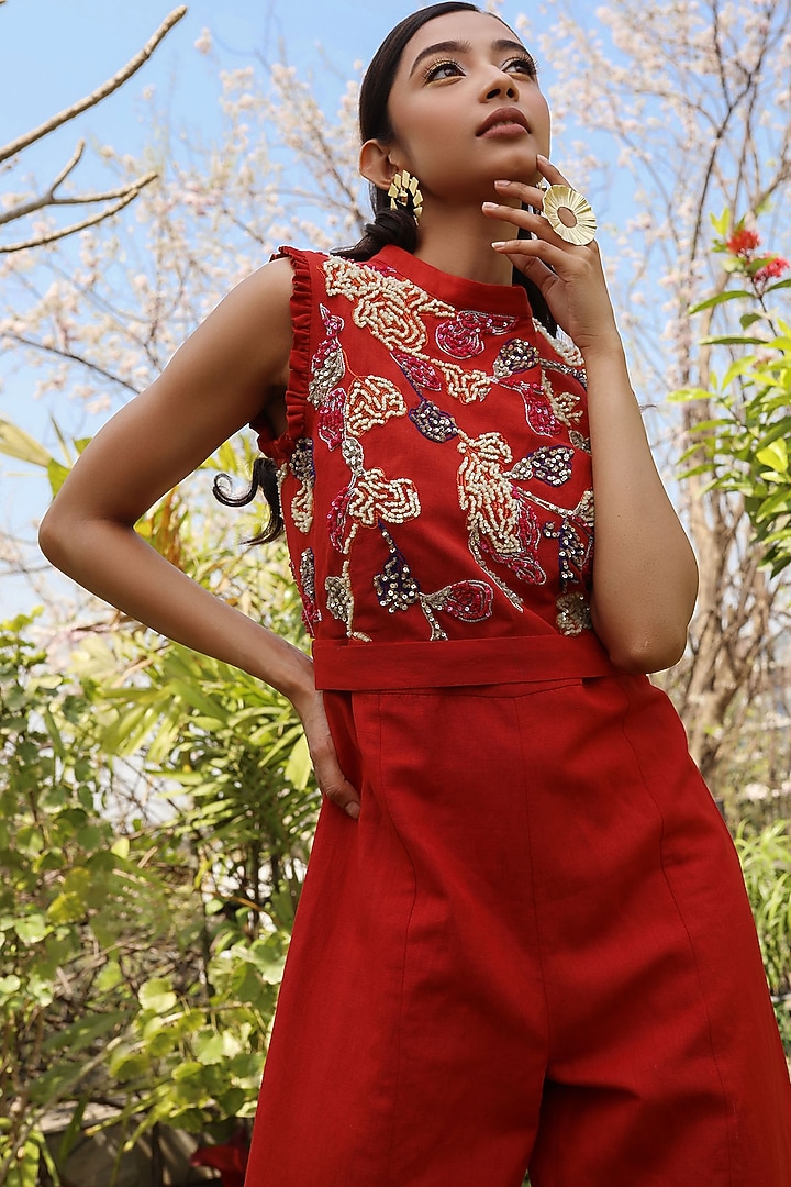 Red Embellished Jumpsuit by Nayantara Couture at Pernia's Pop Up Shop