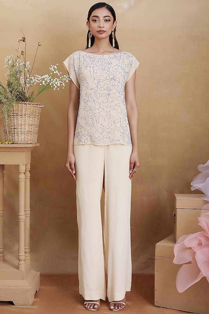 Beige Pant Set With Embroidered Top by Nayantara Couture