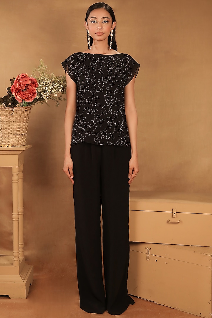 Black Pant Set With Embroidered Top by Nayantara Couture at Pernia's Pop Up Shop