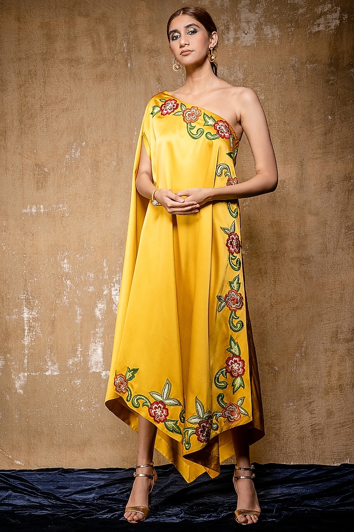 Yellow Embroidered Off Shoulder Dress by Nayantara Couture
