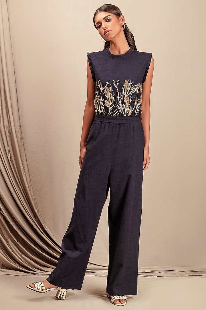Navy Blue Embellished Jumpsuit by Nayantara Couture
