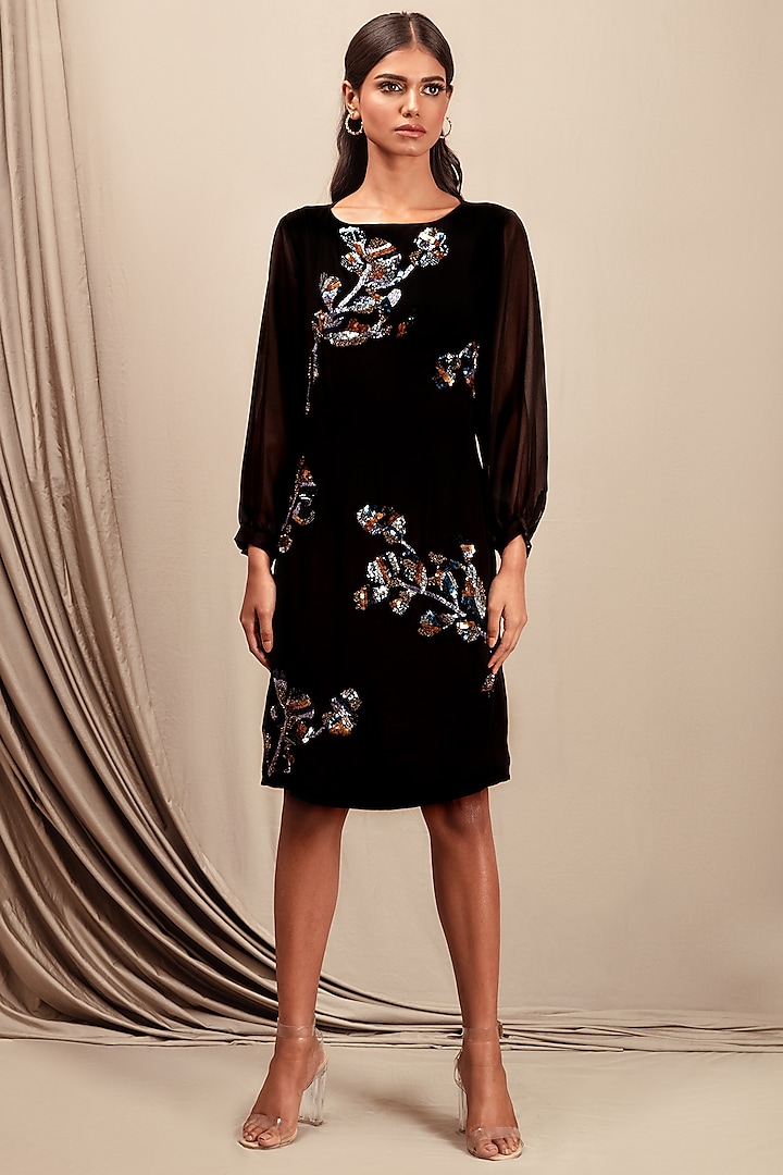 Black Embroidered Structured Dress by Nayantara Couture