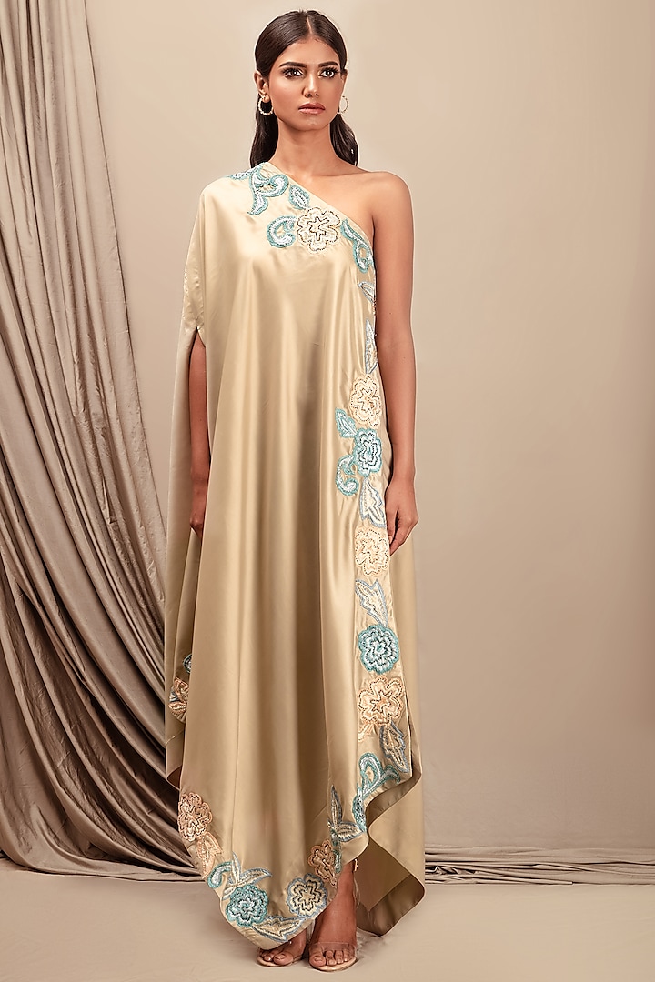 Cream Embroidered Off Shoulder Dress by Nayantara Couture