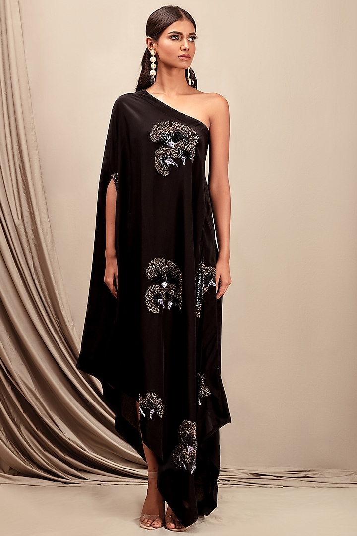 Black Embellished Off Shoulder Dress by Nayantara Couture
