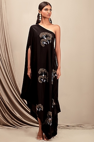 Black Embellished Off Shoulder Dress by Nayantara Couture