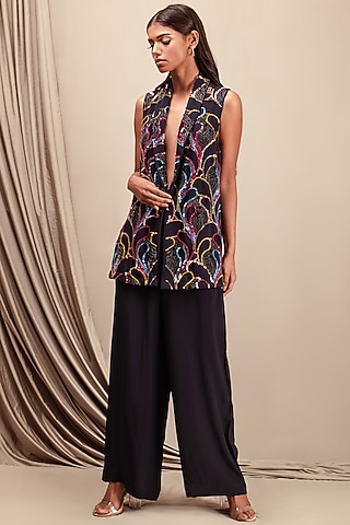 Navy Blue Embellished Blazer Set by Nayantara Couture