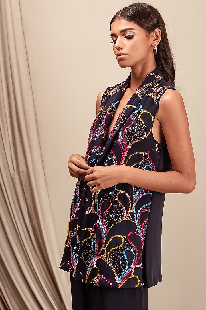 Navy Blue Embellished Blazer Set by Nayantara Couture at Pernia's Pop Up Shop