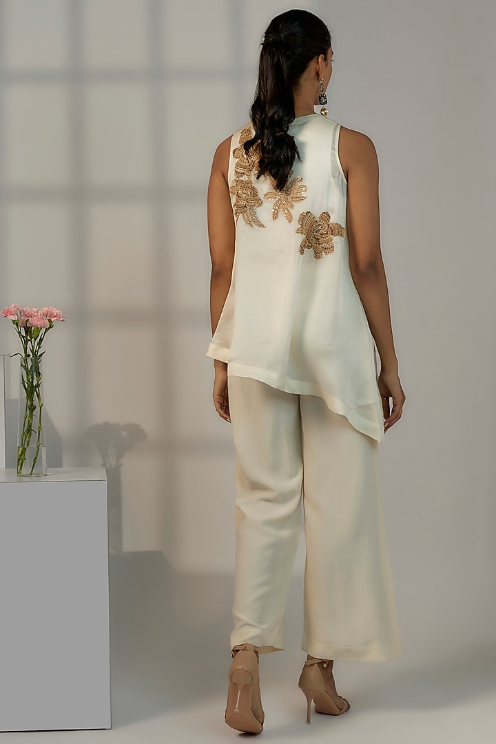 Ivory Viscose Satin Organza Hand Embroidered Tunic Set by Nayantara Couture at Pernia's Pop Up Shop