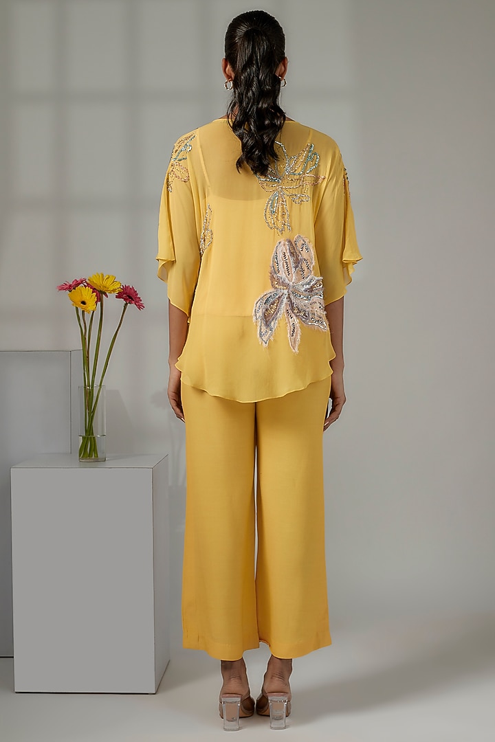 Pastel Yellow Viscose Georgette Hand Embroidered Cape Set by Nayantara Couture at Pernia's Pop Up Shop