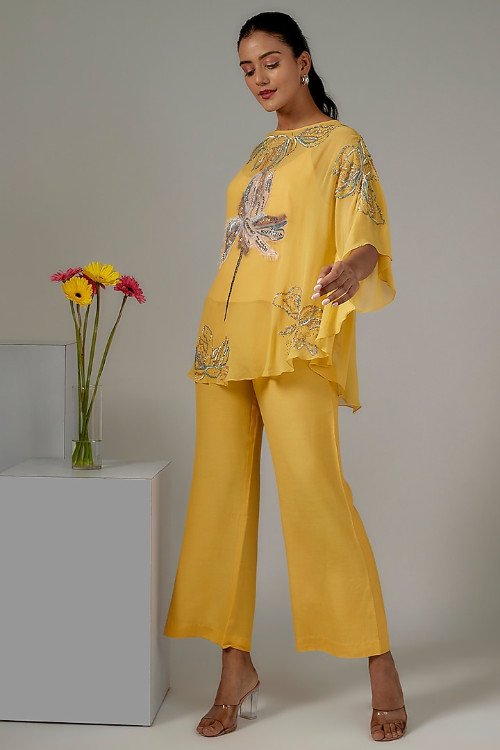 Pastel Yellow Viscose Georgette Hand Embroidered Cape Set by Nayantara Couture at Pernia's Pop Up Shop