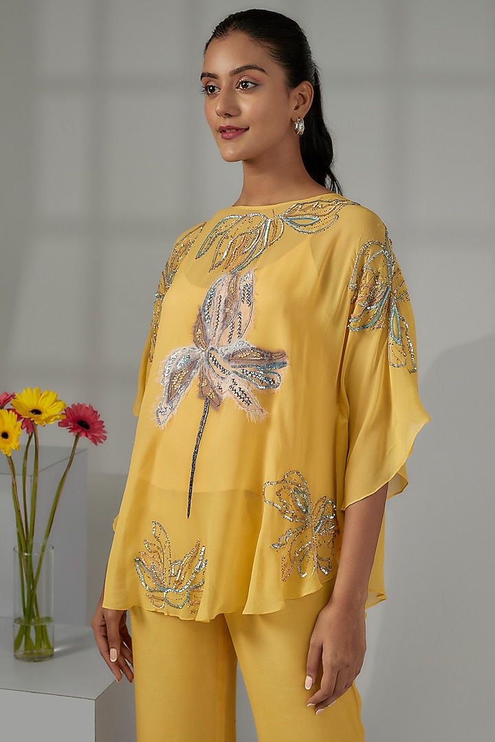 Pastel Yellow Viscose Georgette Hand Embroidered Cape Set by Nayantara Couture at Pernia's Pop Up Shop