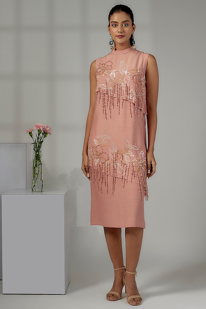 Old Rose Viscose Crepe Embroidered A-Line Dress by Nayantara Couture