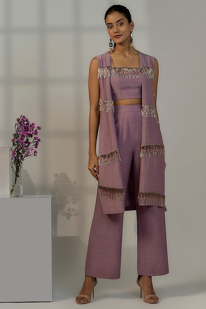 Dusty Purple Viscose Crepe Jacket Set by Nayantara Couture