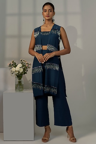 Navy Blue Viscose Crepe Jacket Set by Nayantara Couture