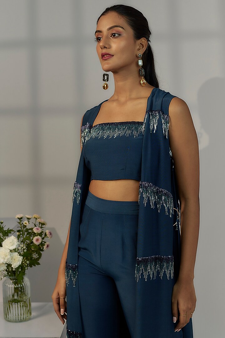 Navy Blue Viscose Crepe Jacket Set by Nayantara Couture at Pernia's Pop Up Shop