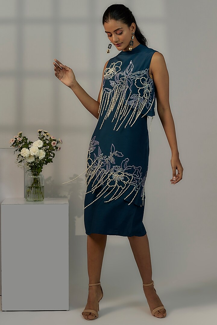 Navy Blue Viscose Crepe Embroidered A-Line Dress by Nayantara Couture