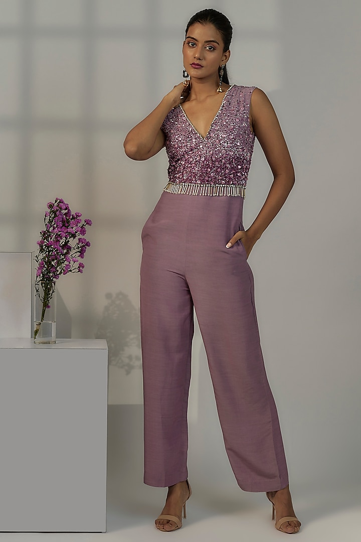 Dusty Purple Viscose Crepe Jumpsuit by Nayantara Couture