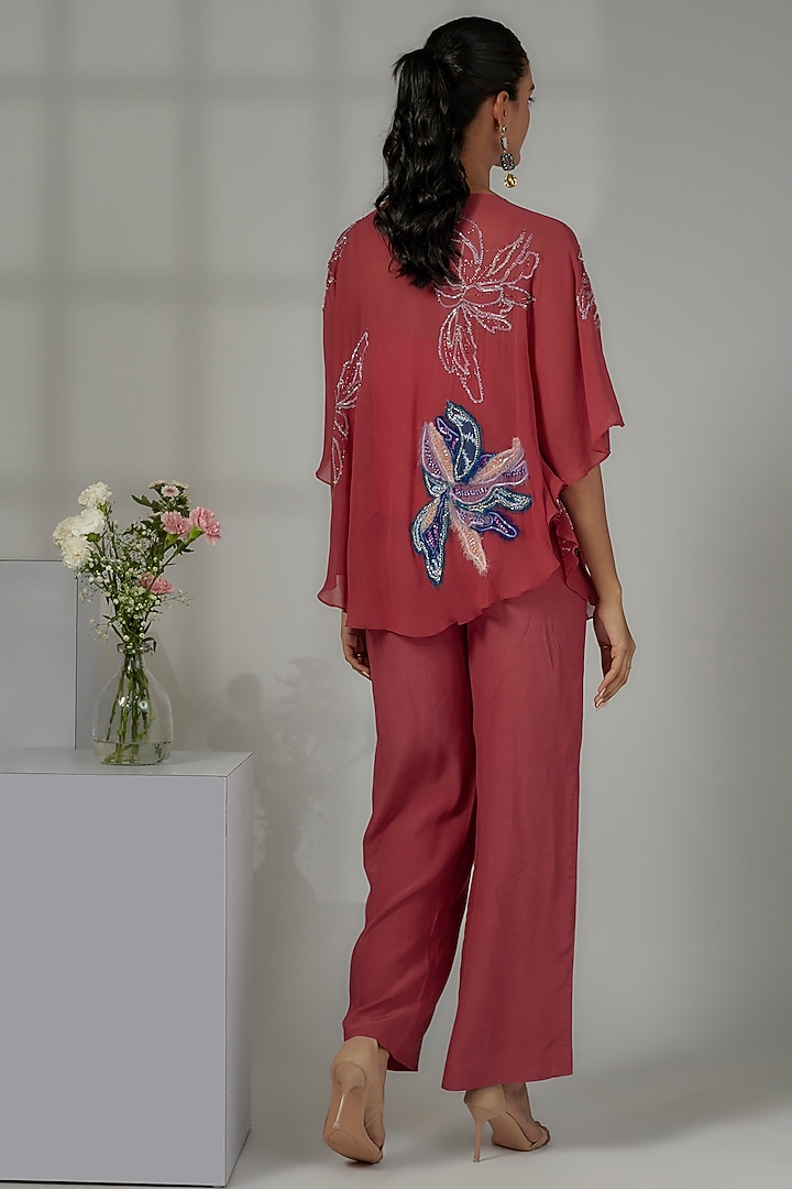 Ruby Pink Viscose Georgette Hand Embroidered Cape Set by Nayantara Couture at Pernia's Pop Up Shop