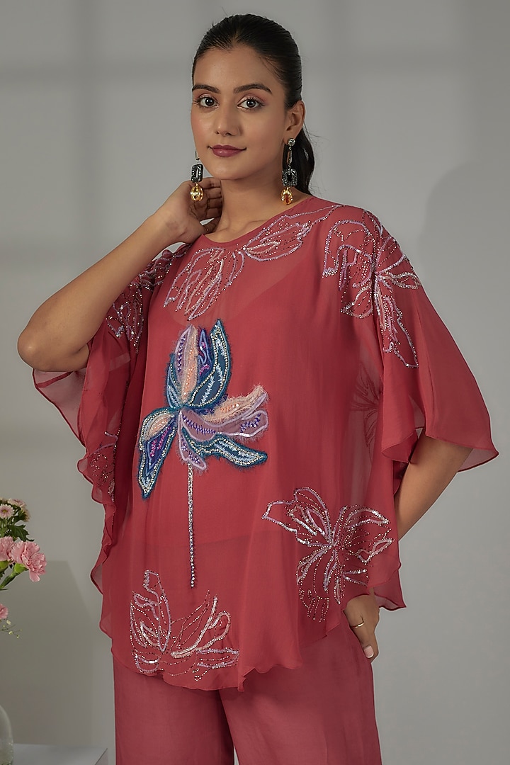 Ruby Pink Viscose Georgette Hand Embroidered Cape Set by Nayantara Couture at Pernia's Pop Up Shop